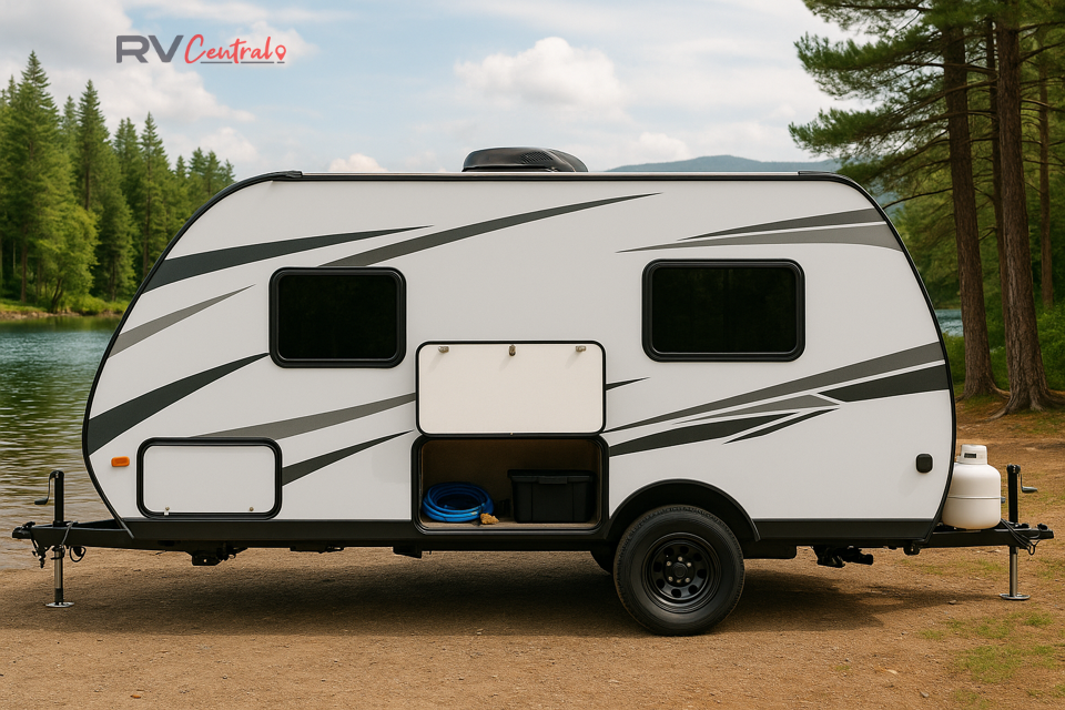 RV camper with pass-through storage near the lake